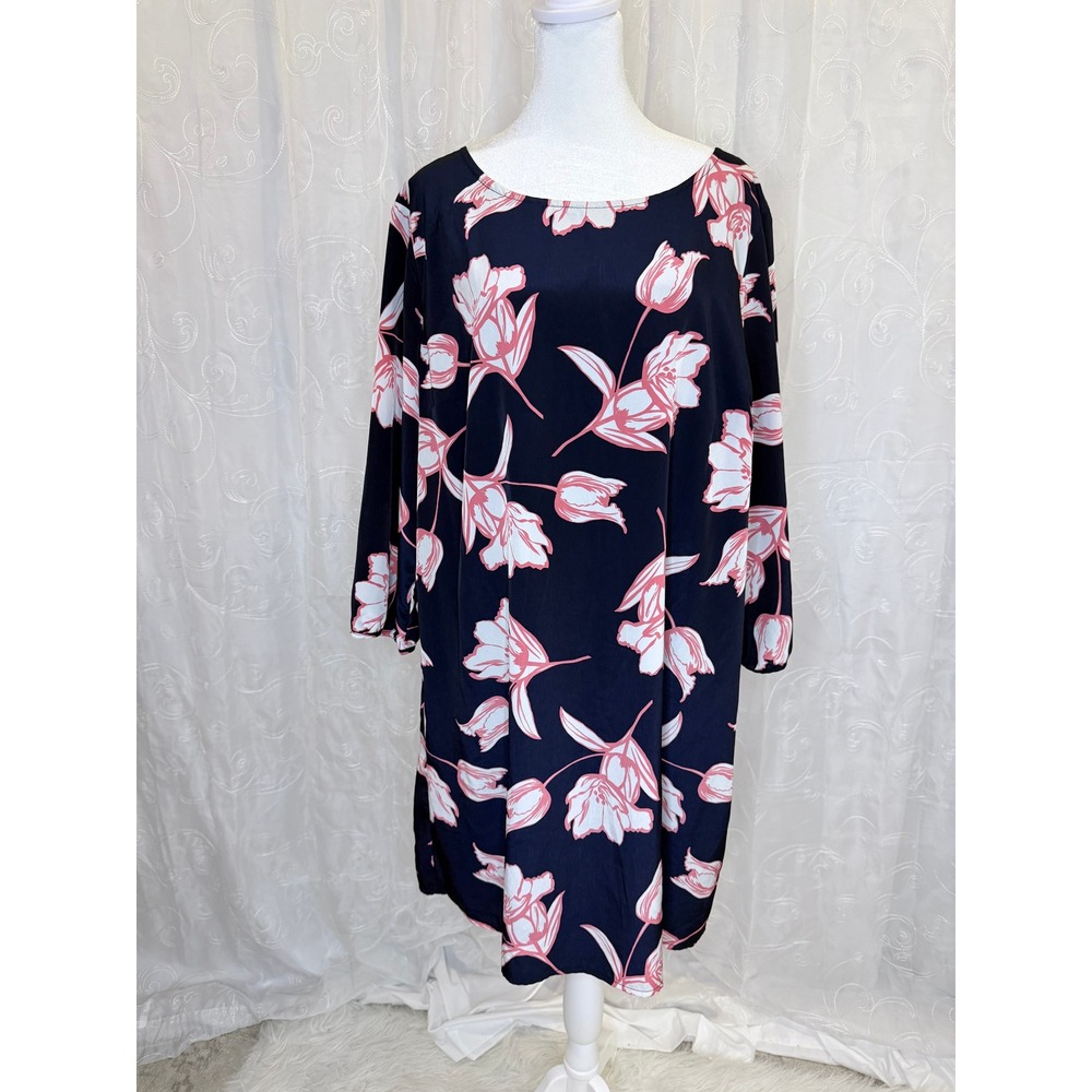 Old Navy Navy Blue Pink Floral Tulip Shift Dress Long Sleeve Exposed Zipper XL